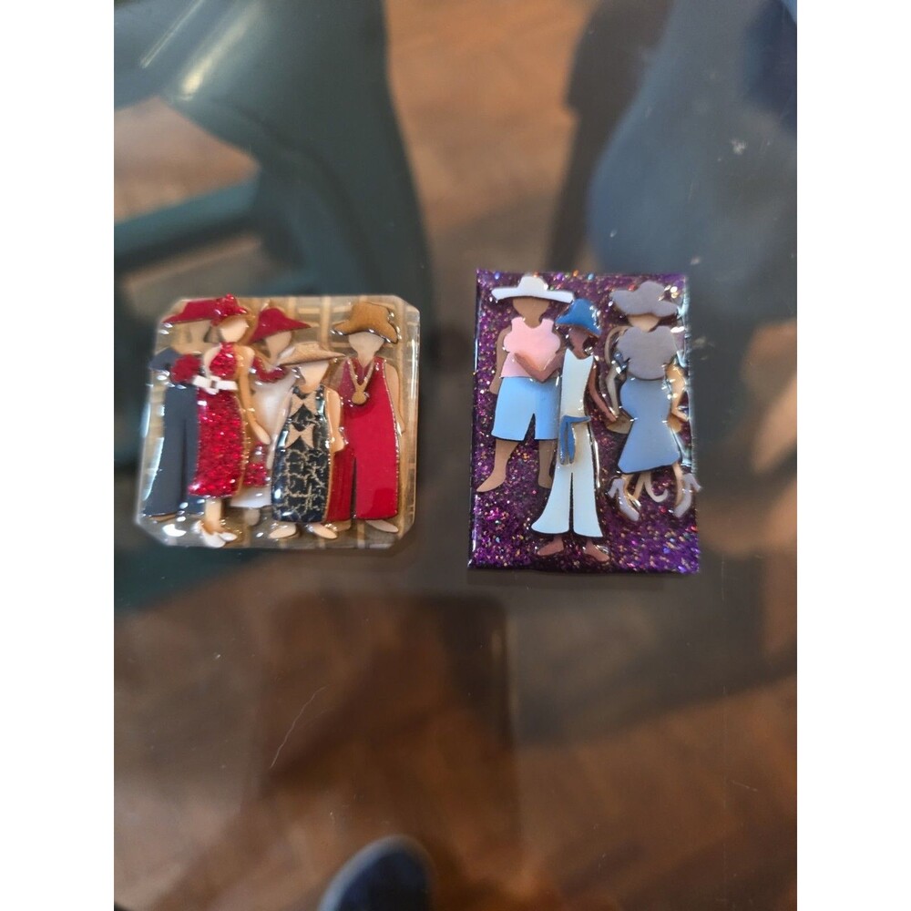 Vintage Woman Pins by Lucinda 3D Women In Hats with Handbags Brooch